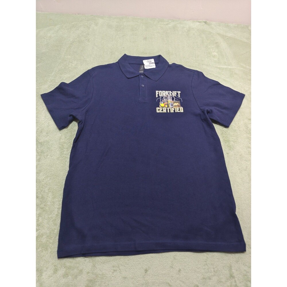 Gildan Softstyle Mens L Navy Blue Forklift Certified Graphic Pique Polo Shirt
